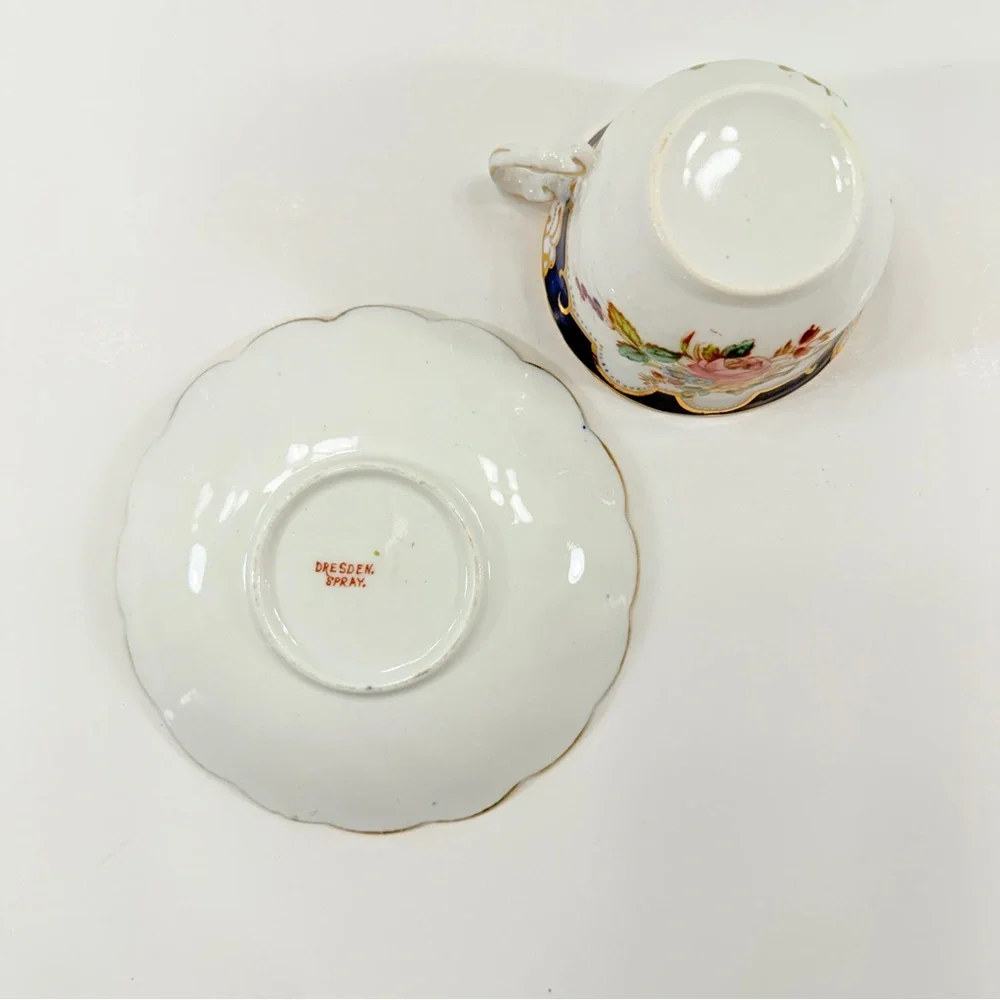 DRESDEN SPRAYS PORCELAIN TEACUP CUP & SAUCER SET, COBALT BLUE, GOLD, FLOWER, VTG
